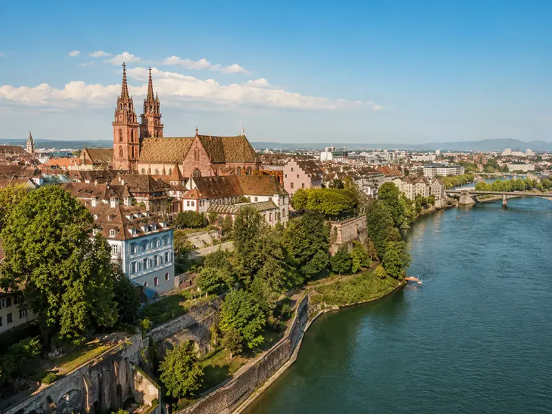 Aerial view of Basel Münster cathedral and the Rhine river — explore Basel from Saint-Louis Alsace