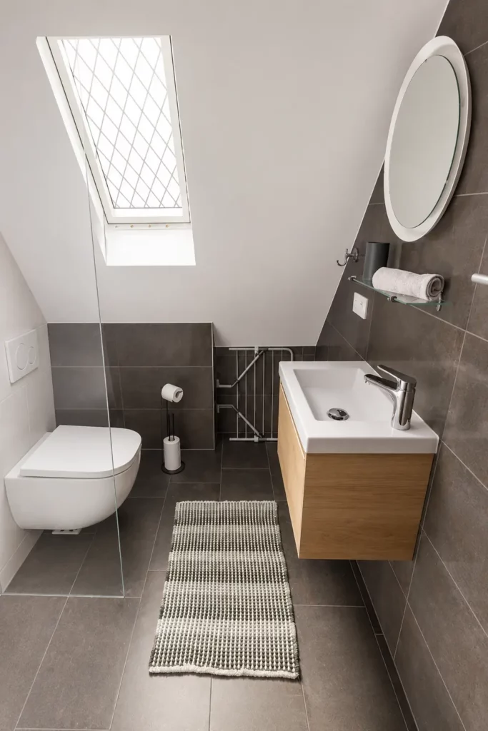 Studio 2 bathroom with Italian shower, WC and skylight — Les Trois Cœurs Saint-Louis