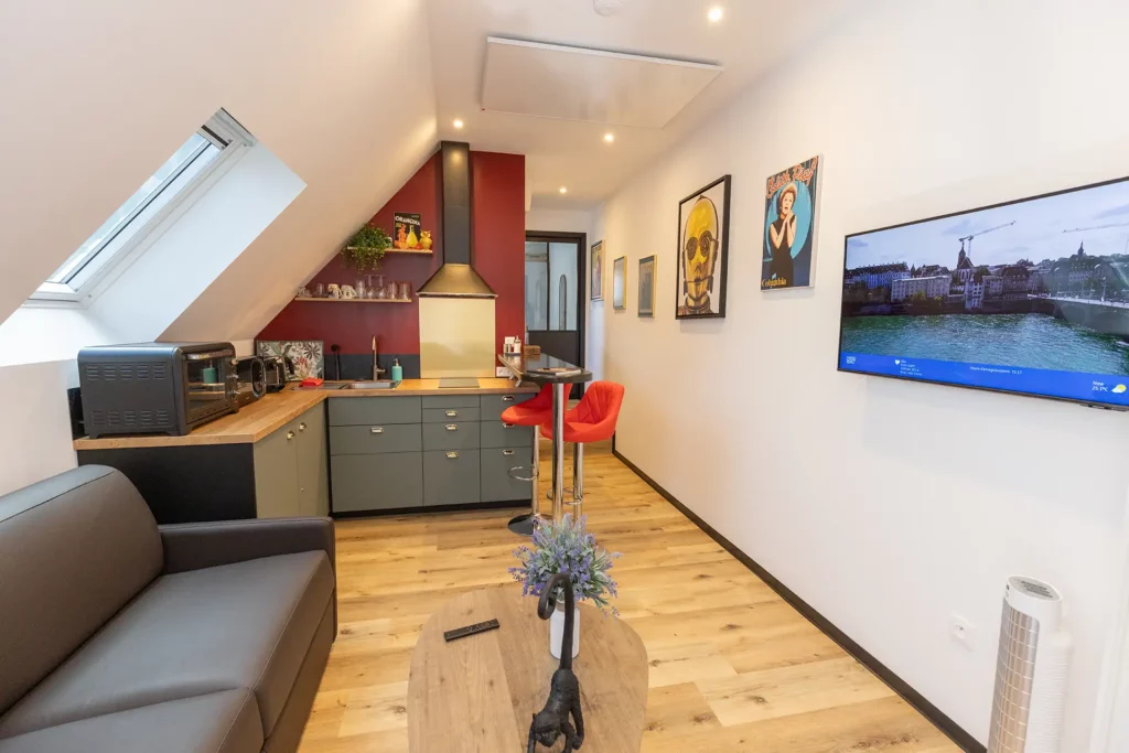 Studio 2 living area with leather sofa, Smart TV, vintage posters and bar counter — Les Trois Cœurs Saint-Louis