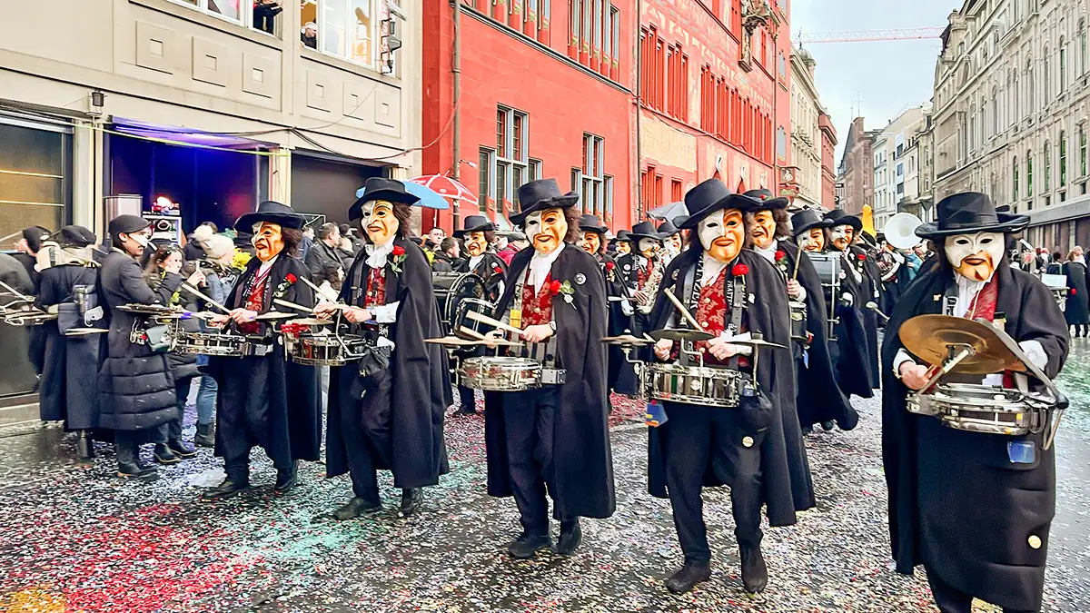 Basler Fasnacht Cortège — masked drummers parade through the old town, Basel