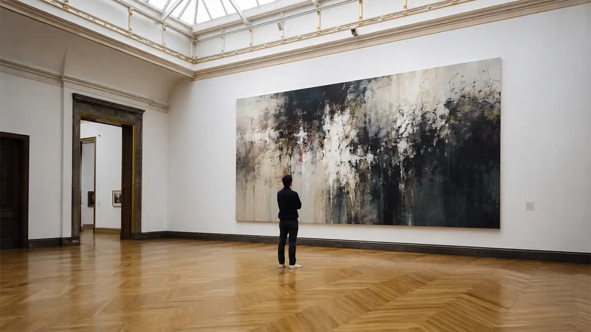 Visitor contemplating a large abstract painting in a classical museum gallery, Basel