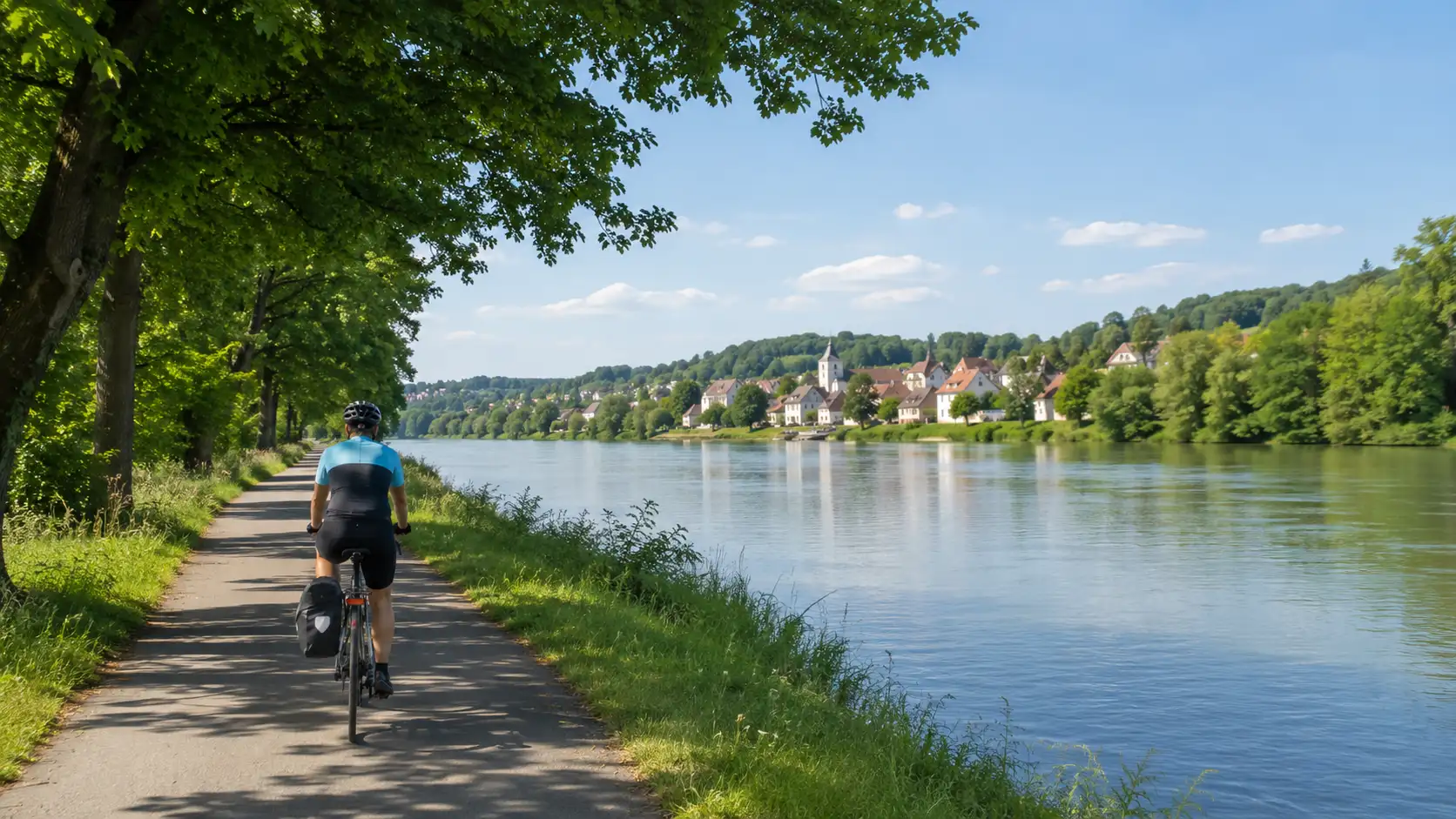 Cyclist riding along a flat riverside path beside the Rhine, small European village in background, Alsace