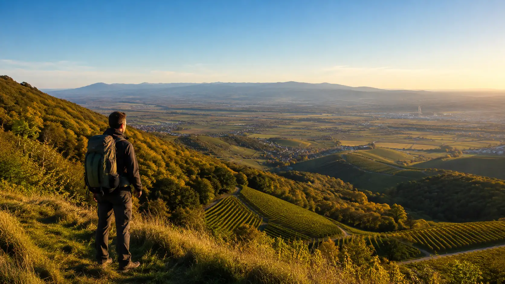 Hiker overlooking the Rhine valley and vineyards from the Markgräflerland hills, Black Forest in the distance