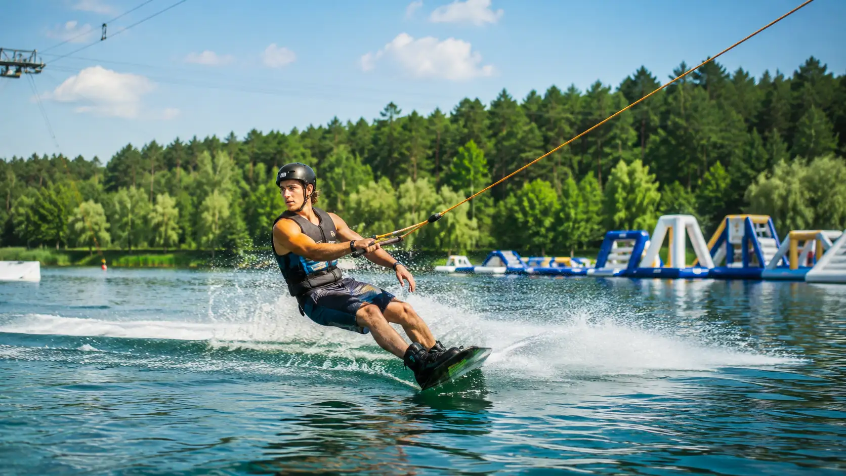 Wakeboarder on a cable wake park lake with inflatable aquapark in background, Alsace