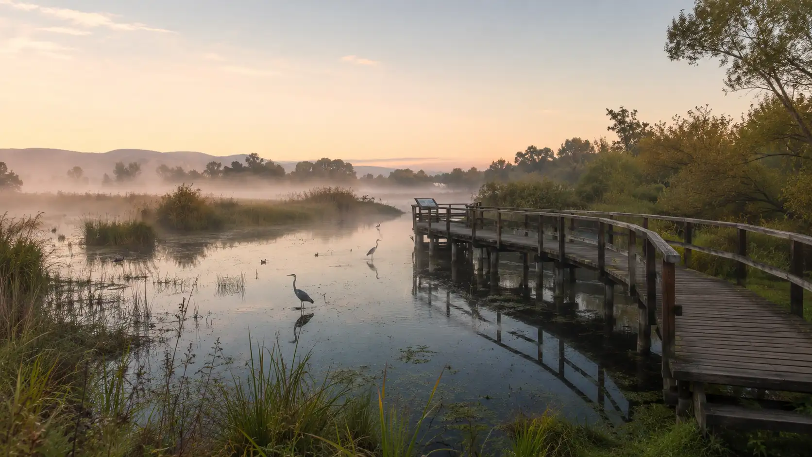 Wooden boardwalk over a wetland nature reserve at dawn with herons — Petite Camargue Alsacienne near Saint-Louis