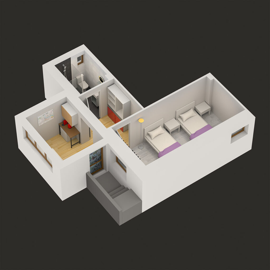 Studio 1 – 3D interior view showing furnished living space and bedroom layout