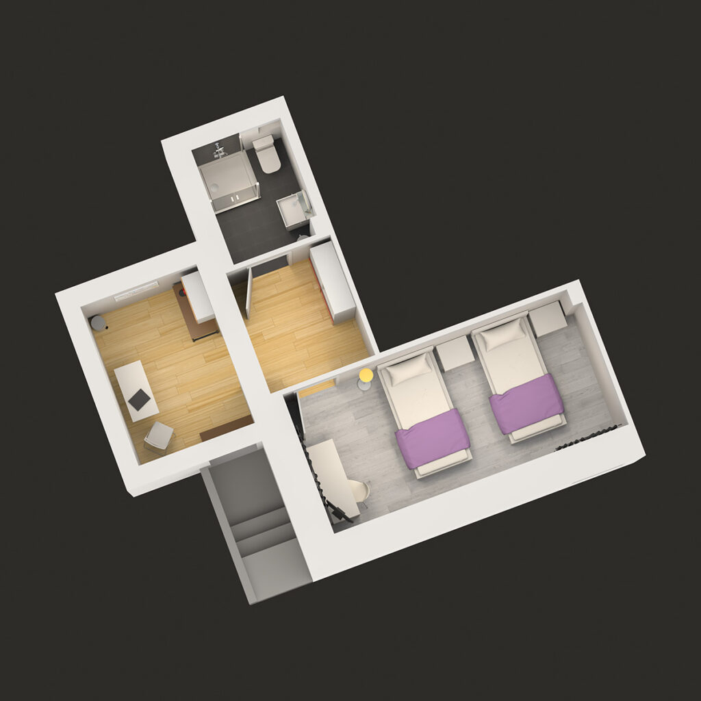 Studio 1 – 3D floor plan top view showing bedroom, living area, kitchen and bathroom