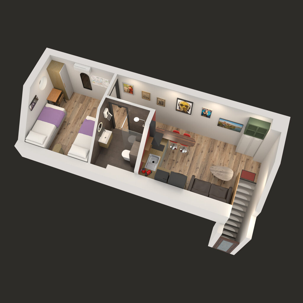 3D cutaway view of the loft studio, with a separate twin bedroom on the left, a bathroom with shower in the centre, and a kitchen and living area on the right. The entrance stairs are visible at the far right.