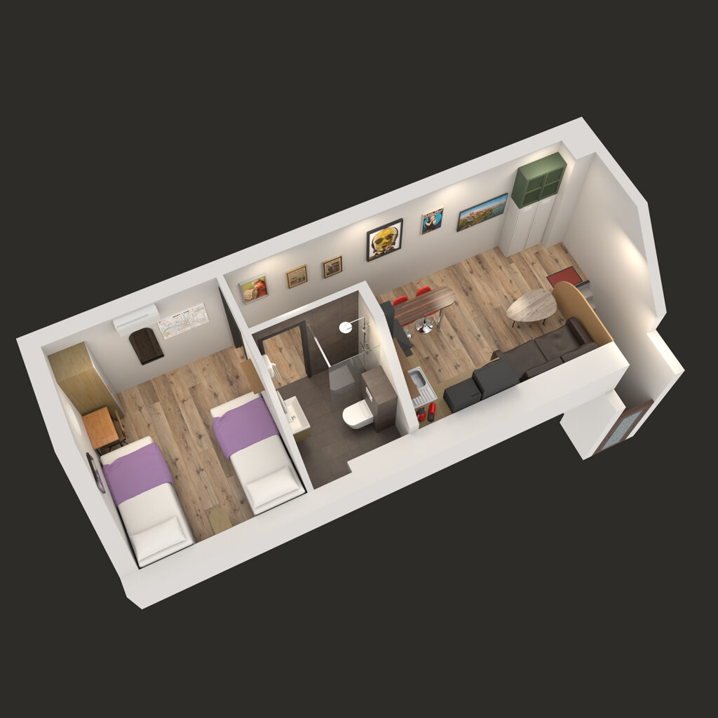 3D cutaway view of the loft studio from another angle, showing two single beds in the separate bedroom, a central bathroom with walk-in shower, and an open-plan kitchen and living area with a breakfast bar and sofa.
